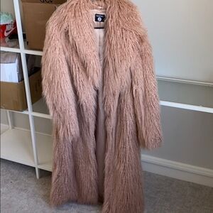 Pink Faux Fur Long Coat Shaggy  boho jacket fringe teddy festive trendy edm